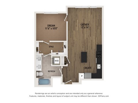 Floor plan for 1 bed, 1 bath, 699 sqft